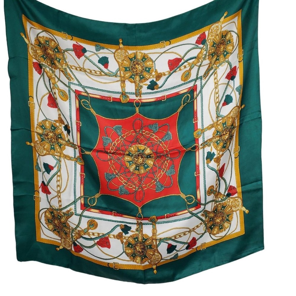 Silky Satin Scarf Jewel Tone Green Red Tassels Chain Print 34" Square